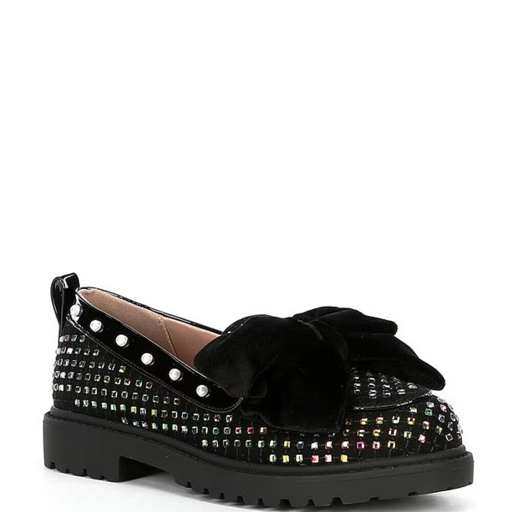 Betsey Johnson Carlo Girls 4 Black Bow Rhinestone Pearls Slip On Loafer JOBB2012